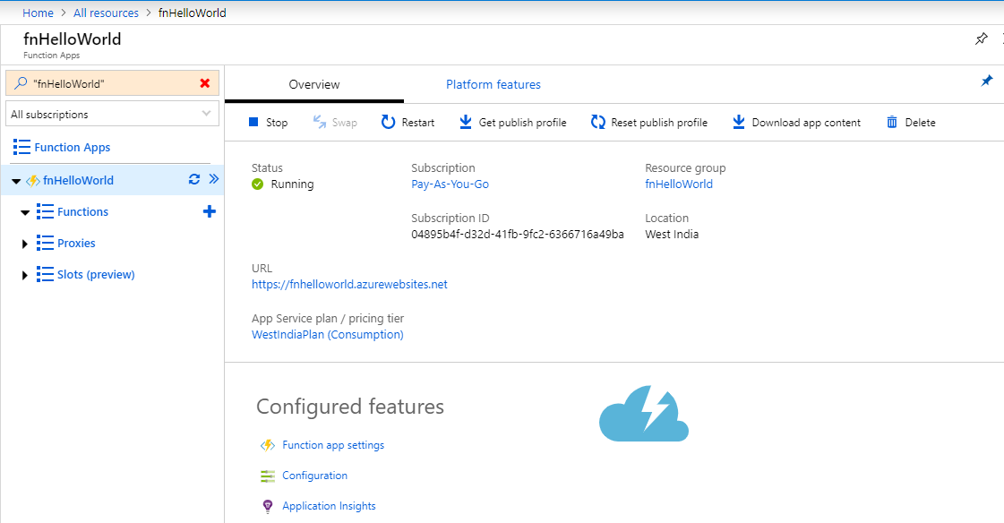 Find fnHelloWorld app and select