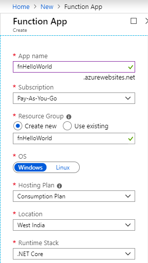 3. Create Function App specifying all setting details